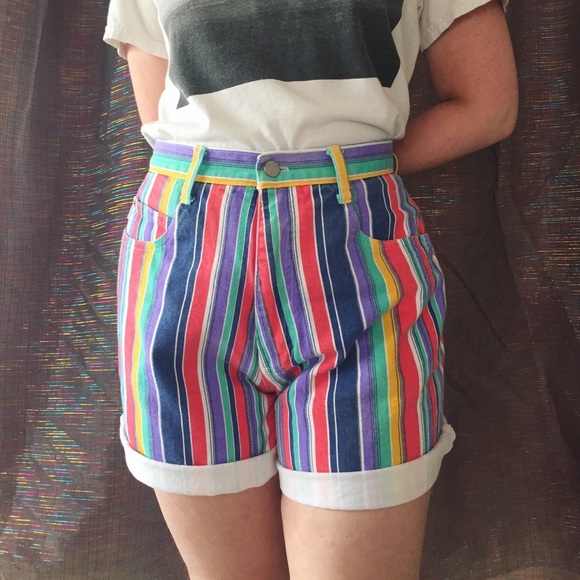 colorful striped denim shorts